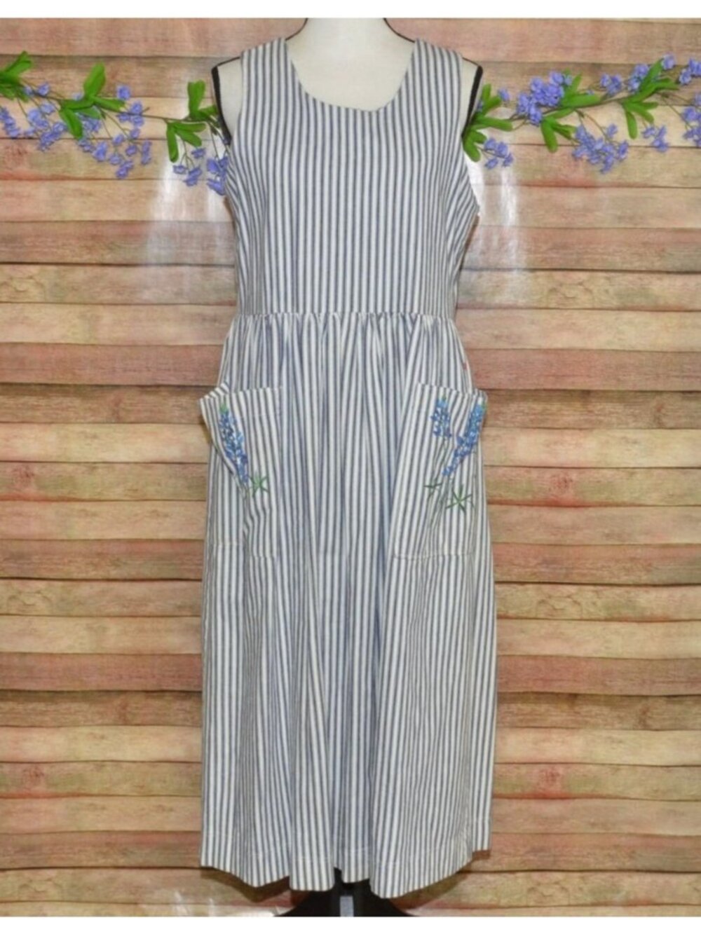 Handmade Jumper Dress Size M L Navy Striped Painted Floral Patch Pockets Modest